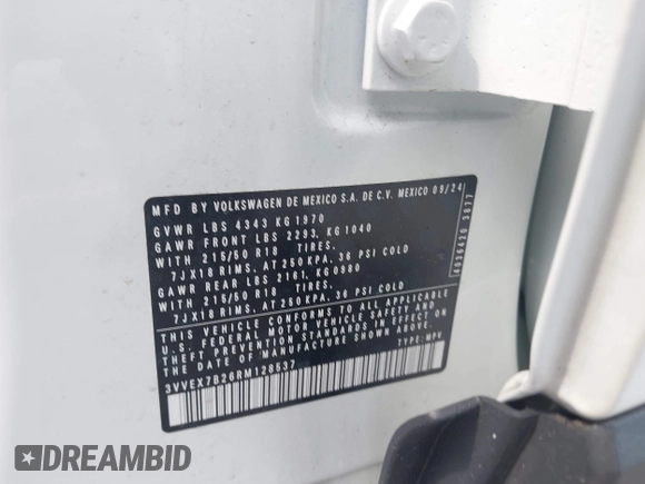2024 Volkswagen Taos SE z VIN 3VVEX7B26RM128537, wystawiony jako IAAI lot #42344341 z przebiegiem 8 723 mil mil oraz . Historia ofert i sprzedaży dostępna na DreamBid. Obrazek 9.