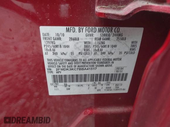 2011 Ford Edge Limited with VIN 2FMDK3KC7BBA41517, listed as a IAAI auction lot 41927713 with 181,780 mi miles. Bid and sale history available at carsss.com. Image 9.