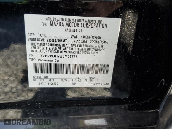 2011 Mazda 6 i Sport with VIN 1YVHZ8BH7B5M07758, listed as a Copart auction lot 55373655 with 133,680 mi miles and Clean Title. Bid and sale history available at DreamBid. Image 12.