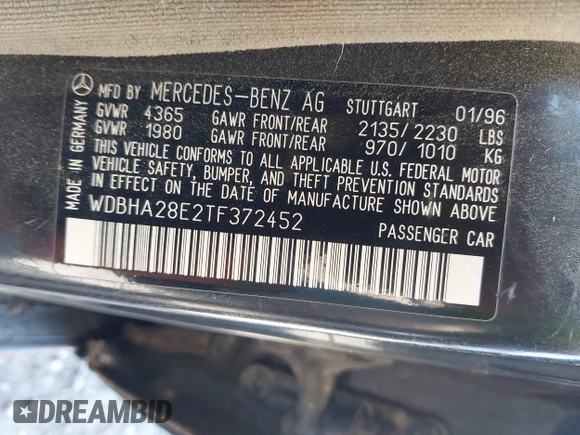 1996 Mercedes-Benz C 230/260/280/320 with VIN WDBHA28E2TF372452, listed as a IAAI auction lot 42457010 with Not provided miles and . Bid and sale history available at DreamBid. Image 9.