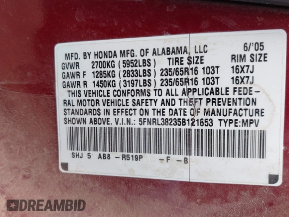 2005 Honda Odyssey LX with VIN 5FNRL38235B121653, listed as a IAAI auction lot 41704670 with 263,160 mi miles. Bid and sale history available at carsss.com. Image 9.
