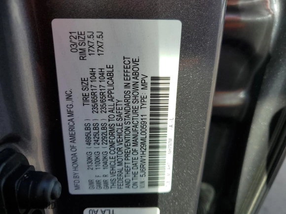 2021 Honda CR-V LX with VIN 5J6RW1H29ML005911, listed as a Copart auction lot 43003845 with 67,387 mi miles and Salvage Title. Bid and sale history available at carsss.com. Image 15.