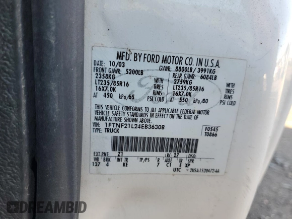 2004 Ford F-250 XL with VIN 1FTNF21L24EB36308, listed as a Copart auction lot 84531944 with Not provided miles and Clean title. Bid and sale history available at DreamBid. Image 12.