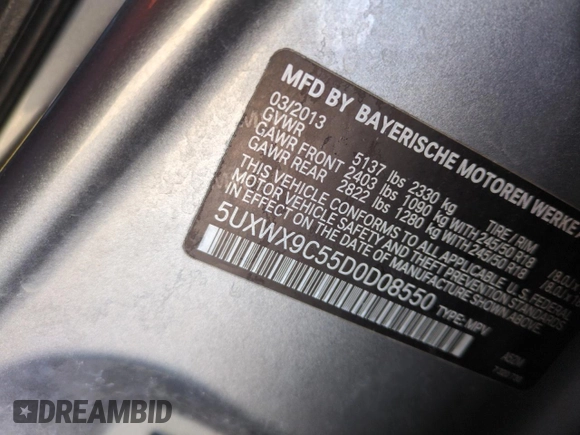 2013 BMW X3 xDrive28i with VIN 5UXWX9C55D0D08550, listed as a Copart auction lot 43002315 with 158,201 mi miles and Salvage Title. Bid and sale history available at carsss.com. Image 12.