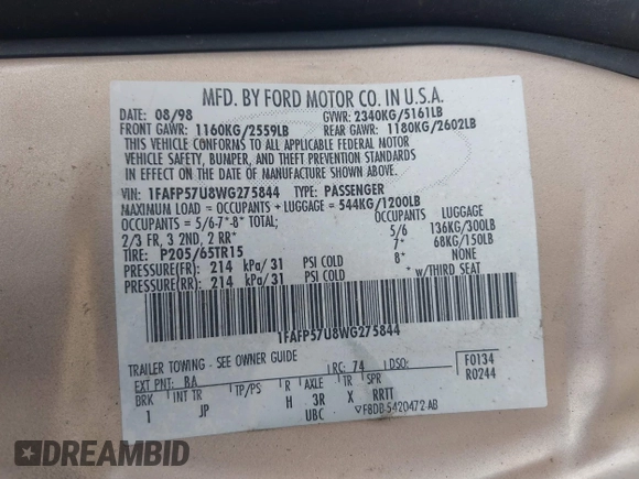 1998 Ford Taurus with VIN 1FAFP57U8WG275844, listed as a IAAI auction lot 42426107 with 318,654 mi miles and . Bid and sale history available at DreamBid. Image 9.