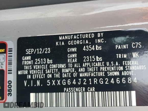 2024 Kia K5 GT-Line z VIN 5XXG64J21RG246684, wystawiony jako Copart lot #48913745 z przebiegiem 42 991 mil mil oraz Szkoda całkowita • Salvage title. Historia ofert i sprzedaży dostępna na DreamBid. Obrazek 14.