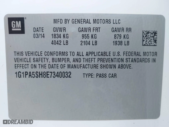 2014 Chevrolet Cruze LS with VIN 1G1PA5SH8E7340032, listed as a IAAI auction lot 41769875 with 134,582 mi miles. Bid and sale history available at carsss.com. Image 9.
