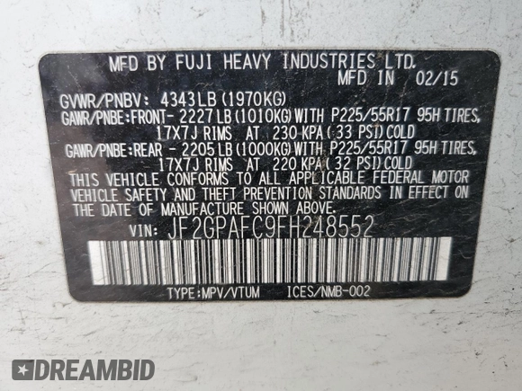 2015 Subaru Crosstrek Premium с VIN JF2GPAFC9FH248552, выставлен на аукционе Copart как лот 59316005 с пробегом Не указан миль и Списание • Salvage title. История ставок и продаж доступна на DreamBid. Изображение 13.
