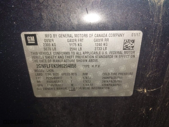2017 Chevrolet Equinox LT with VIN 2GNFLFEK5H6294858, listed as a IAAI auction lot 41216595 with 99,298 mi miles. Bid and sale history available at carsss.com. Image 9.