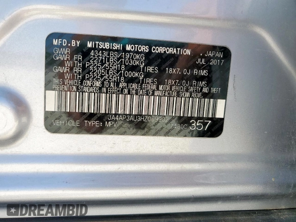 2017 Mitsubishi Outlander ES with VIN JA4AP3AU3HZ069902, listed as a Copart auction lot 57894455 with 184,416 mi miles and Salvage title. Bid and sale history available at DreamBid. Image 13.