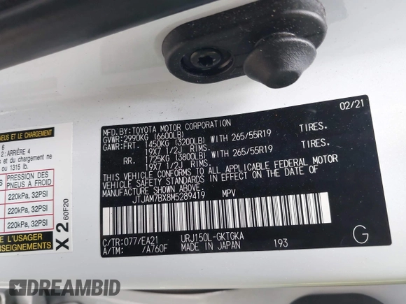2021 Lexus GX 460 Premium with VIN JTJAM7BX8M5289419, listed as a IAAI auction lot 42037078 with 32,003 mi miles and . Bid and sale history available at DreamBid. Image 9.