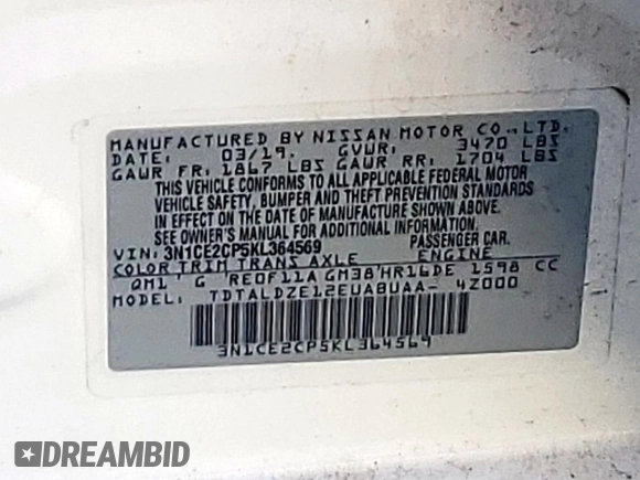 2019 Nissan Note SV с VIN 3N1CE2CP5KL364569, выставлен на аукционе Copart как лот 57483735 с пробегом 84 743 миль миль и Списание • Salvage title. История ставок и продаж доступна на DreamBid. Изображение 13.