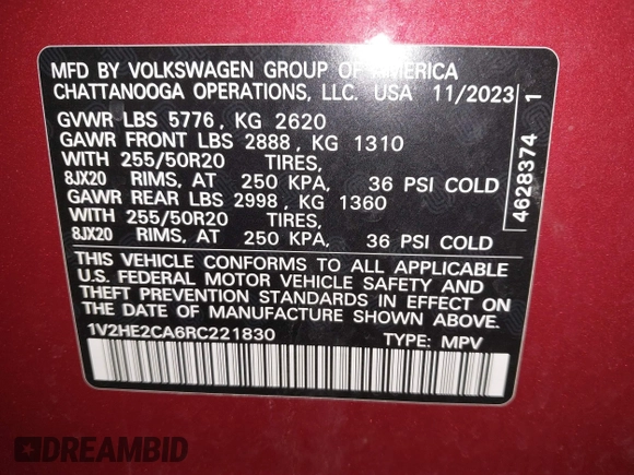 2024 Volkswagen Atlas SE with VIN 1V2HE2CA6RC221830, listed as a IAAI auction lot 41691362 with 28,755 mi miles and . Bid and sale history available at DreamBid. Image 9.