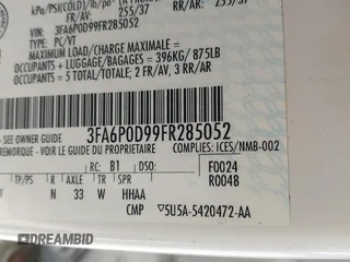2015 Ford Fusion Titanium with VIN 3FA6P0D99FR285052, listed as a IAAI auction lot 41800853 with 181,437 mi miles. Bid and sale history available at carsss.com. Image 9.