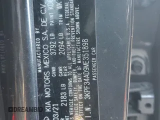 2021 Kia Forte GT-Line z VIN 3KPF34AD9ME351898, wystawiony jako Copart lot #87957335 z przebiegiem 57 633 mil mil oraz Szkoda całkowita • Salvage title. Historia ofert i sprzedaży dostępna na DreamBid. Obrazek 13.
