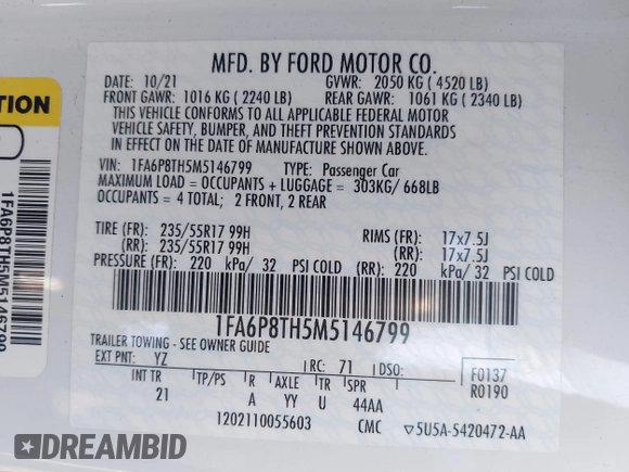 2021 Ford Mustang EcoBoost with VIN 1FA6P8TH5M5146799, listed as a IAAI auction lot 41575950 with 47,037 mi miles. Bid and sale history available at carsss.com. Image 9.