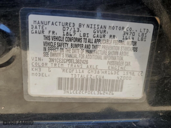 2014 Nissan Versa Note SV with VIN 3N1CE2CP0EL362426, listed as a Copart auction lot 50067155 with 131,394 mi miles and Salvage Title. Bid and sale history available at carsss.com. Image 14.