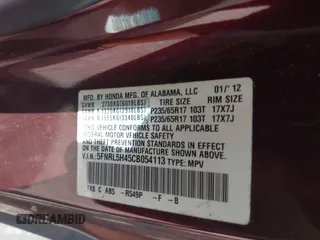 2012 Honda Odyssey EX with VIN 5FNRL5H45CB054113, listed as a IAAI auction lot 41760280 with 125,640 mi miles and . Bid and sale history available at carsss.com. Image 9.