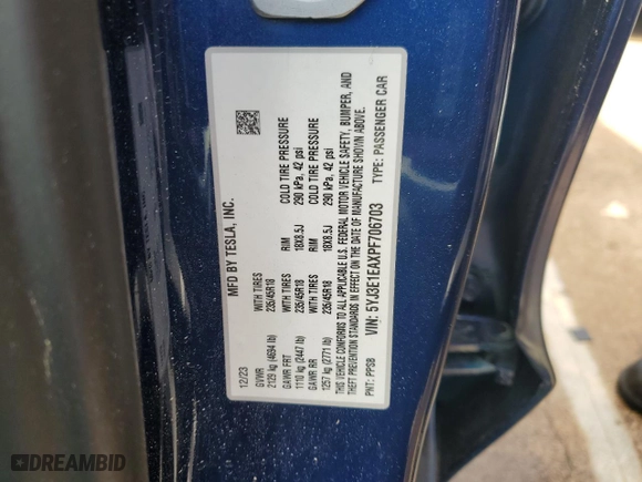 2023 Tesla Model 3 with VIN 5YJ3E1EAXPF706703, listed as a Copart auction lot 47465885 with 16,710 mi miles and Salvage Title. Bid and sale history available at carsss.com. Image 15.