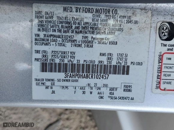 2012 Ford Fusion SE with VIN 3FAHP0HA8CR102457, listed as a Copart auction lot 48928945 with 122,241 mi miles and Salvage Title. Bid and sale history available at carsss.com. Image 14.