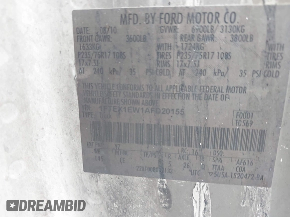 2010 Ford F-150 XL with VIN 1FTEX1EW1AFD20155, listed as a IAAI auction lot 42483398 with Not provided miles and . Bid and sale history available at DreamBid. Image 9.