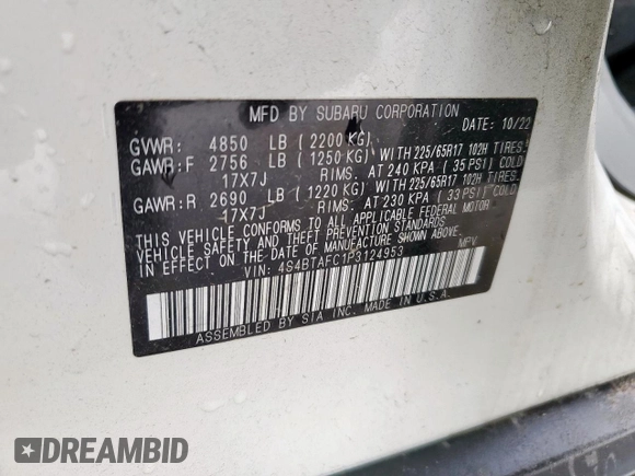 2023 Subaru Outback Premium with VIN 4S4BTAFC1P3124953, listed as a Copart auction lot 54547345 with 55,268 mi miles and Salvage title. Bid and sale history available at DreamBid. Image 14.