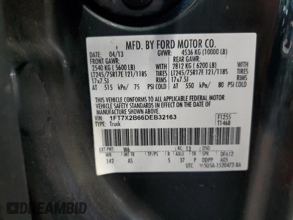 2013 Ford F-250 XL with VIN 1FT7X2B66DEB32163, listed as a Copart auction lot 54252275 with 182,273 mi miles and Clean Title. Bid and sale history available at DreamBid. Image 12.
