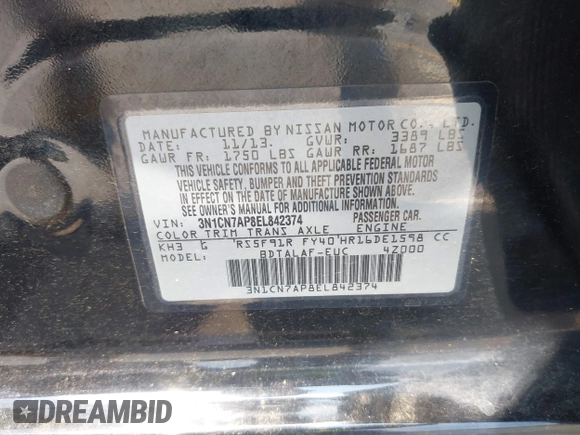 2014 Nissan Versa SV z VIN 3N1CN7AP8EL842374, wystawiony jako IAAI lot #42684858 z przebiegiem 123 734 mil mil oraz . Historia ofert i sprzedaży dostępna na DreamBid. Obrazek 9.