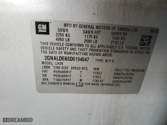 2013 Chevrolet Equinox LT with VIN 2GNALDEK6D6194647, listed as a Copart auction lot 50837175 with 195,663 mi miles and Salvage Title. Bid and sale history available at carsss.com. Image 13.