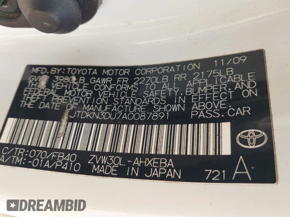 2010 Toyota Prius II with VIN JTDKN3DU7A0087891, listed as a IAAI auction lot 41710885 with Not Provided miles. Bid and sale history available at carsss.com. Image 9.