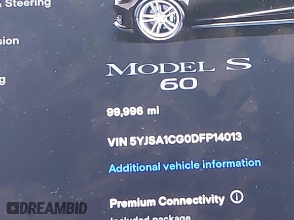 2013 Tesla Model S с VIN 5YJSA1CG0DFP14013, выставлен на аукционе IAAI как лот 42352134 с пробегом 99 996 миль миль и . История ставок и продаж доступна на DreamBid. Изображение 15.