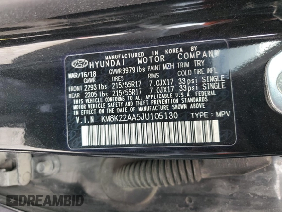 2018 Hyundai Kona SEL with VIN KM8K22AA5JU105130, listed as a Copart auction lot 54621125 with 81,625 mi miles and Salvage Title. Bid and sale history available at DreamBid. Image 13.