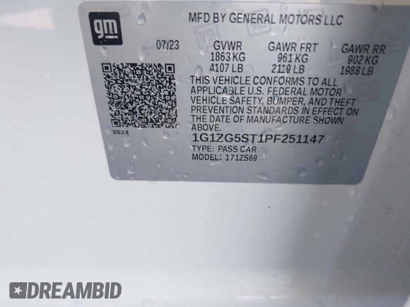 2023 Chevrolet Malibu RS with VIN 1G1ZG5ST1PF251147, listed as a IAAI auction lot 41217383 with 36,281 mi miles and . Bid and sale history available at DreamBid. Image 9.