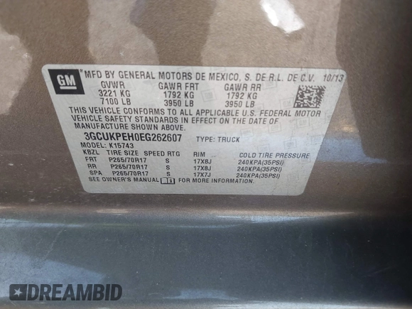2014 Chevrolet Silverado 1500 Work Truck with VIN 3GCUKPEH0EG262607, listed as a IAAI auction lot 42028522 with 147,379 mi miles and . Bid and sale history available at DreamBid. Image 9.