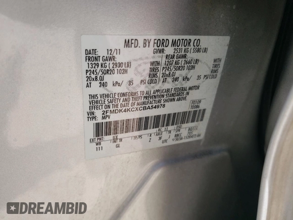 2012 Ford Edge Limited with VIN 2FMDK4KCXCBA54978, listed as a Copart auction lot 54421495 with 134,847 mi miles and Clean Title. Bid and sale history available at carsss.com. Image 13.