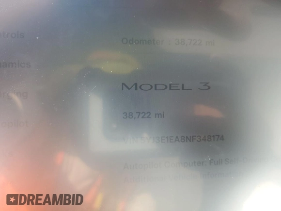 2022 Tesla Model 3 z VIN 5YJ3E1EA8NF348174, wystawiony jako Copart lot #53757025 z przebiegiem 38 722 mil mil oraz Nie do naprawy • Non repairable. Historia ofert i sprzedaży dostępna na DreamBid. Obrazek 9.