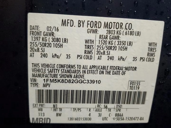 2016 Ford Explorer XLT with VIN 1FM5K8D82GGC33910, listed as a Copart auction lot 51182215 with 146,107 mi miles and Salvage Title. Bid and sale history available at DreamBid. Image 15.