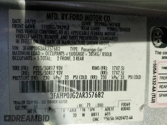 2010 Ford Fusion SEL with VIN 3FAHP0JG2AR357682, listed as a Copart auction lot 42800625 with 170,528 mi miles and Salvage Title. Bid and sale history available at carsss.com. Image 12.