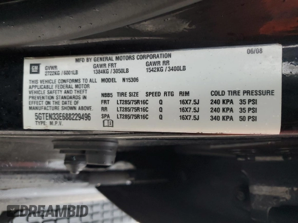 2008 Hummer H3 with VIN 5GTEN33E688229496, listed as a Copart auction lot 84799824 with 187,881 mi miles and Clean Title. Bid and sale history available at DreamBid. Image 12.