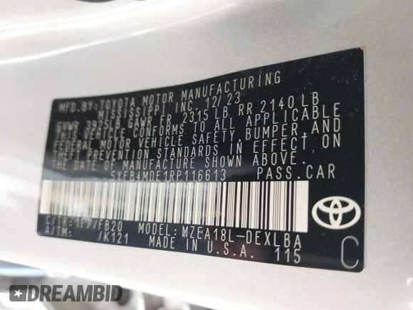 2024 Toyota Corolla LE с VIN 5YFB4MDE1RP116613, выставлен на аукционе IAAI как лот 40669055 с пробегом 7 237 миль миль и . История ставок и продаж доступна на DreamBid. Изображение 9.