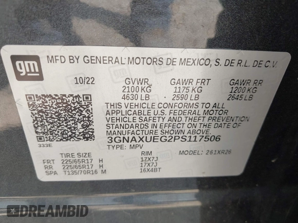 2023 Chevrolet Equinox LT with VIN 3GNAXUEG2PS117506, listed as a IAAI auction lot 42475231 with 66,184 mi miles and . Bid and sale history available at DreamBid. Image 9.