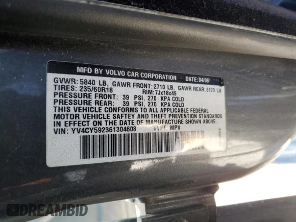 2006 Volvo XC90 2.5L Turbo with VIN YV4CY592361304608, listed as a Copart auction lot 80973564 with 169,840 mi miles and Salvage Title. Bid and sale history available at carsss.com. Image 15.