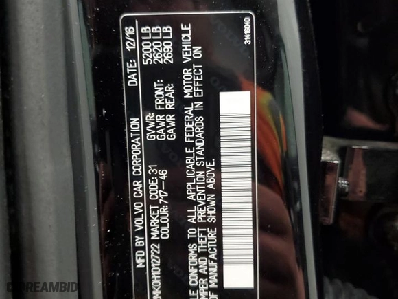 2017 Volvo S90 Momentum with VIN YV1A22MK0H1012722, listed as a Copart auction lot 44770995 with 71,926 mi miles and Salvage Title. Bid and sale history available at carsss.com. Image 12.