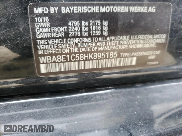 2017 BMW 3 Series 330e iPerformance with VIN WBA8E1C58HK895185, listed as a Copart auction lot 49287055 with 61,391 mi miles and Salvage Title. Bid and sale history available at carsss.com. Image 14.