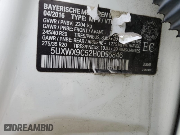 2017 BMW X3 xDrive28i with VIN 5UXWX9C52H0D95846, listed as a Copart auction lot 48123175 with Not Provided miles and Salvage Title. Bid and sale history available at DreamBid. Image 13.