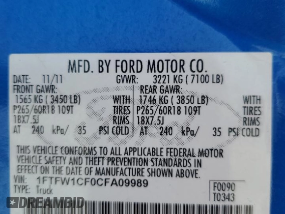 2012 Ford F-150 XL z VIN 1FTFW1CF0CFA09989, wystawiony jako Copart lot #57421825 z przebiegiem 205 554 mil mil oraz Szkody całkowita. Historia ofert i sprzedaży dostępna na DreamBid. Obrazek 13.