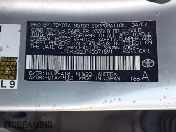 2004 Toyota Prius with VIN JTDKB22U140071891, listed as a IAAI auction lot 42055938 with 177,365 mi miles. Bid and sale history available at carsss.com. Image 9.