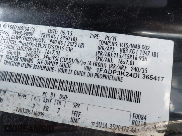 2013 Ford Focus SE with VIN 1FADP3K24DL365417, listed as a IAAI auction lot 41792235 with 187,607 mi miles. Bid and sale history available at carsss.com. Image 9.