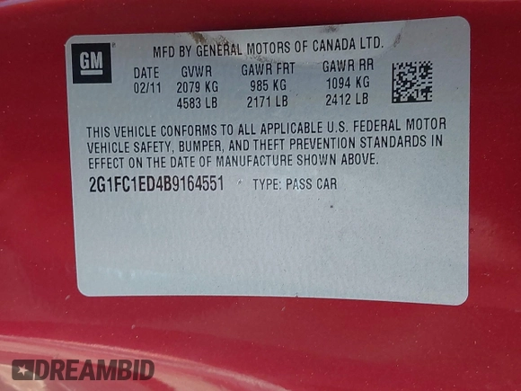 2011 Chevrolet Camaro 2LT with VIN 2G1FC1ED4B9164551, listed as a IAAI auction lot 42210430 with 69,231 mi miles and . Bid and sale history available at DreamBid. Image 9.