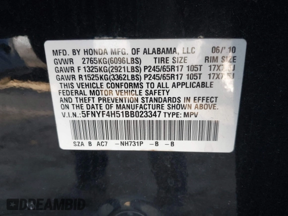 2011 Honda Pilot EX-L with VIN 5FNYF4H51BB023347, listed as a IAAI auction lot 41877106 with 167,039 mi miles. Bid and sale history available at carsss.com. Image 9.